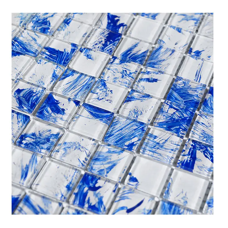 Venta al por mayor mano impreso mosaico piscina azul cristal mosaico azulejos para cocina Backsplash mosaico