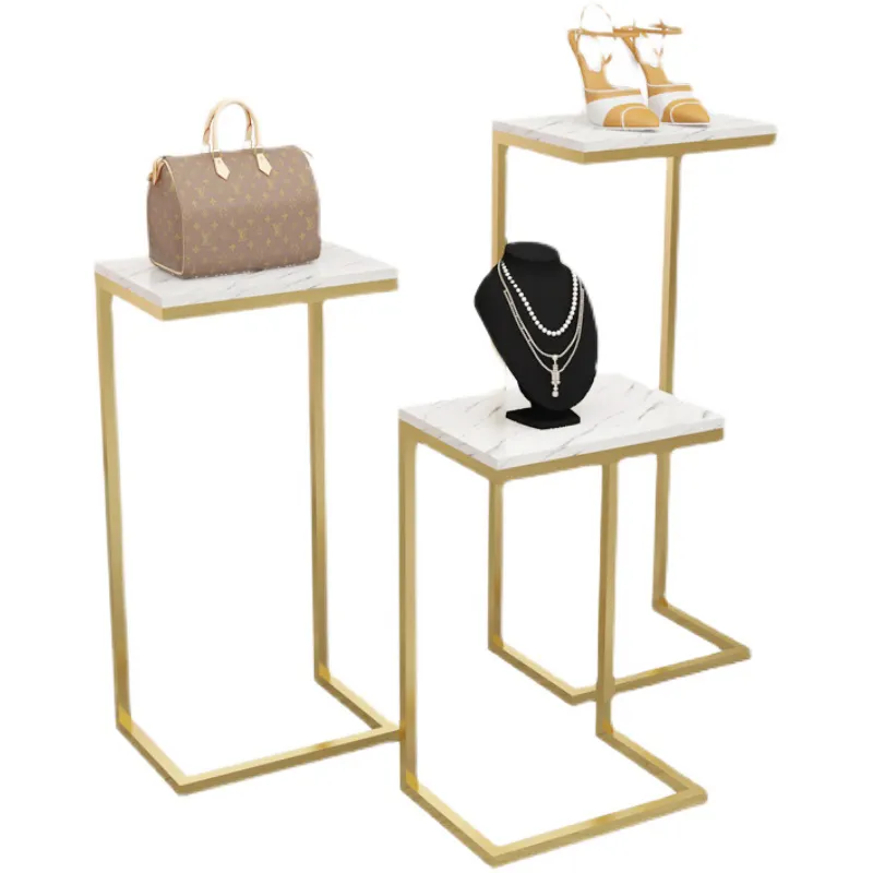 Boutique 3pcs/set Nested End Table Set Clothing Shop Gold Counter Top Handbag Shoe Stand Metal Nesting Display Table