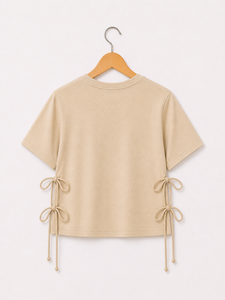 Women Printed Crop Top Casual Short Sleeve <b>Tie</b> Side T-shirt Fashion Round <b>Neck</b> Summer Top for Ladies Everyday Wear - Product Image 2