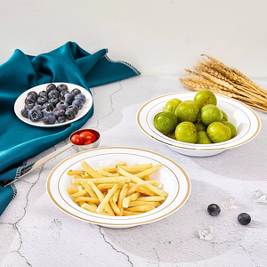 Assiette creuse jetable moderne à bord doré 7,5 pouces en <span class=keywords><strong>plastique</strong></span> rigide PS, bols à salade, soupe et sauce, <span class=keywords><strong>vaisselle</strong></span> personnalisable avec logo pour camping et fêtes - Product Image 3