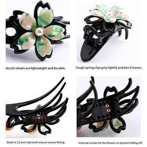 Forcina a tre denti con morsetto a becco d'anatra con disegno floreale acido acetico da donna puro fatto a mano elegante testa t - Product Image 3