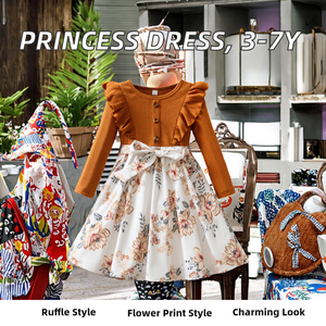 Vestido de Princesa de Tafetán con Volantes Florales, Cuello Redondo y Manga Larga para Niñas de 3 a 7 Años, Otoño 2026, en Rosa y Marrón - Product Image 1