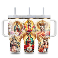 Venta al por mayor a granel: Vaso térmico de acero inoxidable con logo personalizado de Nuestra Señora Virgen de Guadalupe y Jesús, con asa y pajita.