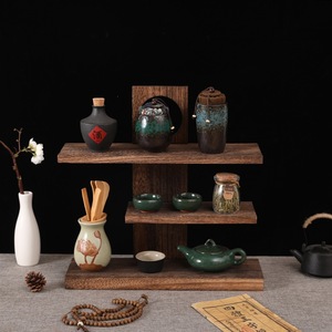 Chinese Style Three Tier Wooden <b>Shelf</b> 40cm X 12cm X 40cm For Tea Set Display <b>Desktop</b> Storage Rack - Product Image 3