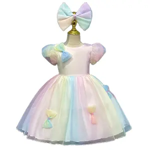 Yeni moda puf kollu gökkuşağı yaylar elbiseler özel çocuk giyim çocuklar kız giyim parti çocuk prenses