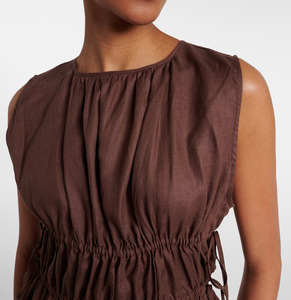 Vestido Mini de Lino Personalizado para Primavera/Otoño - Sin Mangas, Cintura con Cordón Ajustable, Estilo Vintage, Casual y Sencillo en Color Marrón - Product Image 3