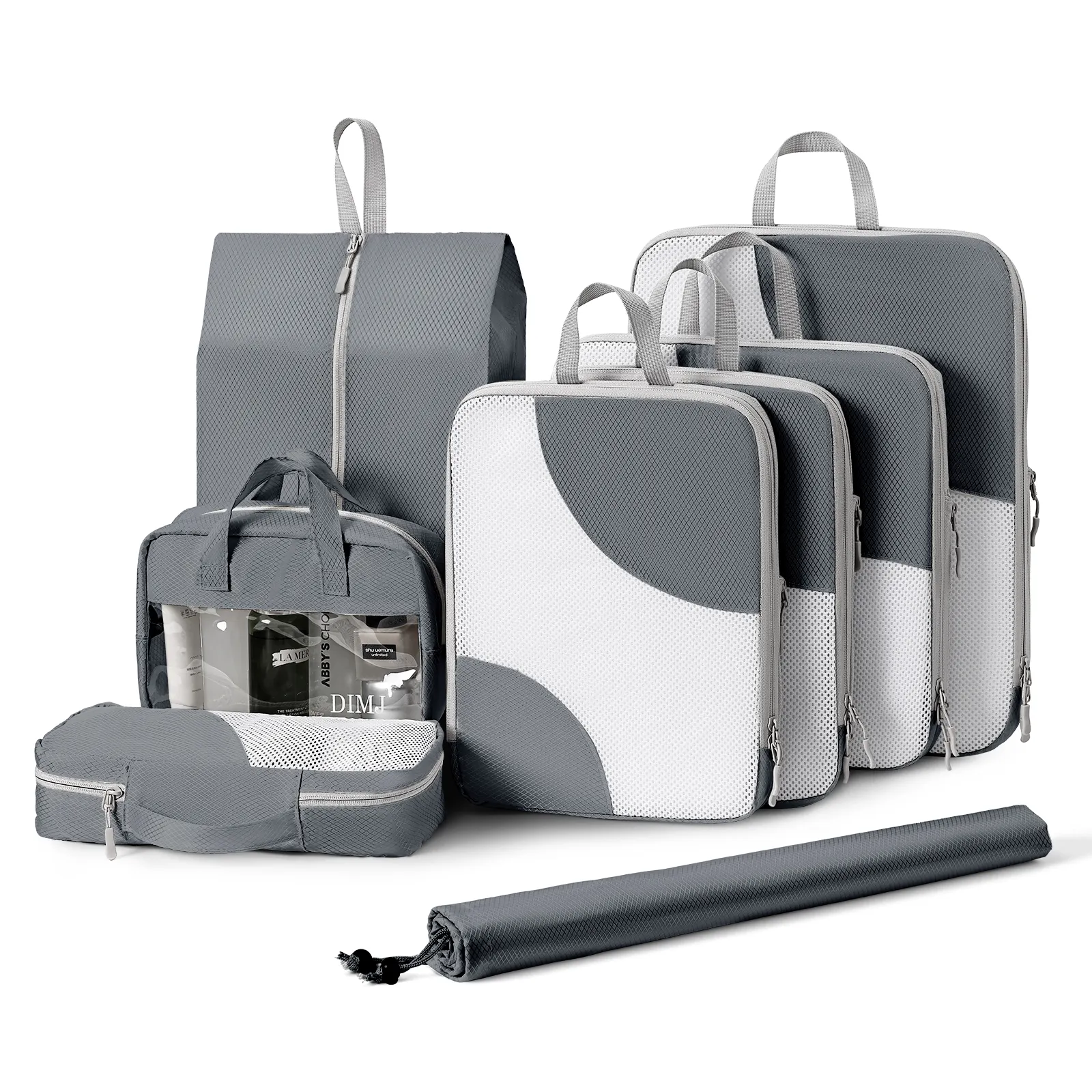8 Pack Mesh Suitcase Organizer Travel Bag Set Luggage Organizer Compression Packing Cube w/ Sock Bag Transparent Window Wash Bag