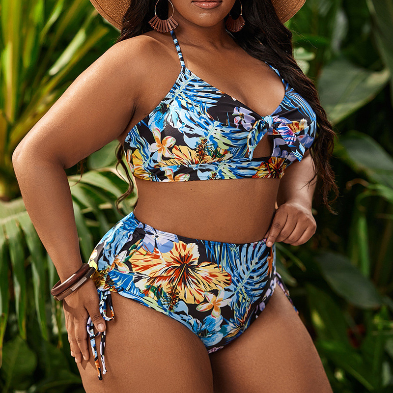 2022 Summer New Plus Size Two Piece Swimsuit Ladies Print Bikini Sexy Split Hot Spring Swimwear