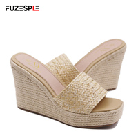 Sandales espadrilles pour femme à bout carré, talon compensé haut, plateforme, semelle épaisse antidérapante, dessus en paille, semelle extérieure en caoutchouc, été