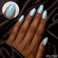 Vente en gros de faux ongles à presser couleur unie, forme amande, bleu aqua scintillant brillant, ongles artificiels marque privée