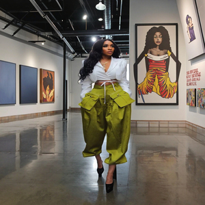 Pantaloni <span class=keywords><strong>Cargo</strong></span> da <span class=keywords><strong>Donna</strong></span> a Vita Alta <span class=keywords><strong>Verde</strong></span> Streetwear Gamba Larga Vestibilità Ampia Eco-Friendly Anti-Piega Anti-Statico Anti-Pilling Primavera - Product Image 3