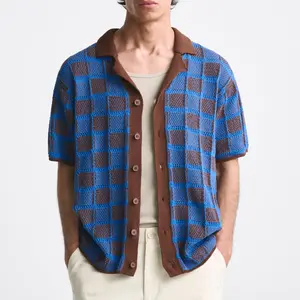 Sweat-shirt d'été personnalisé à col ouvert et manches courtes avec fermeture à boutons sur le devant pour hommes cardigan polo chemise en tricot à carreaux