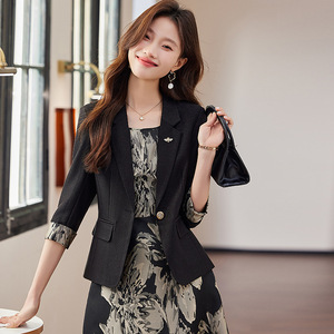 Women's Printed Suit Dress Set Black Blazer Crepe Two Piece Summer Korean Style Breathable Polyester - Product Image 3