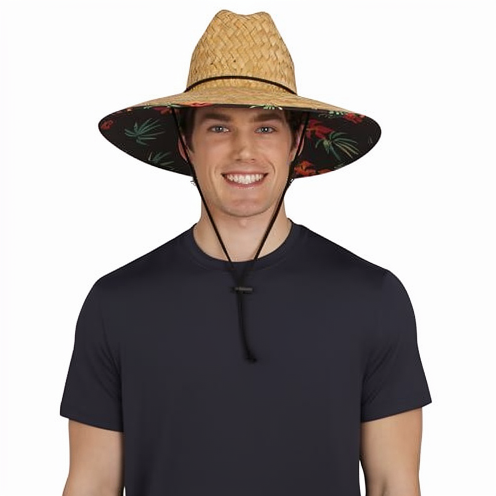 Men's Adjustable Wide Brim Outdoor Lifeguard Fur Floppy Hat with Silk Screen Printing Black XX-Large
