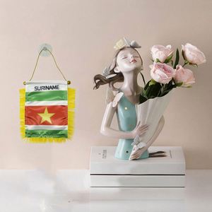 Bandera de satén personalizada para coches, mini bandera con borlas amarillas, hecha digitalmente de poliéster y plástico, para uso automotriz, bandera de satén de Surinam - Product Image 2