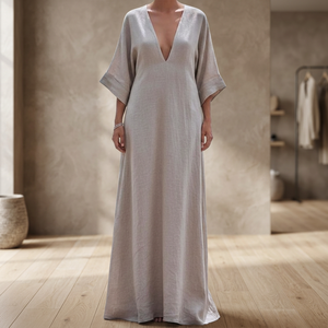 Robe midi trapèze taille haute 100 % coton à manches cloche pour femme, avec poches latérales, style rétro, grande taille, décontractée et respirante – Meilleure vente - Product Image 3