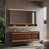 Meuble-lavabo flottant vintage de luxe pour salle de bain, meuble-lavabo en bois massif et marbre avec miroir LED