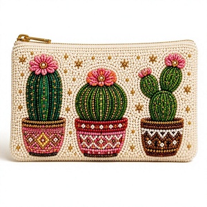 Pochette zippée pour femme avec motif cactus perlé, porte-monnaie mignon de dessin animé - Product Image 1