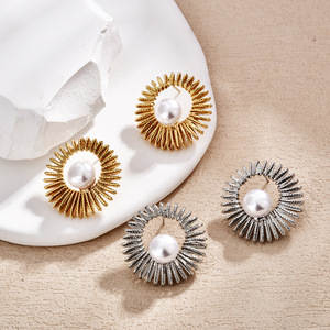 Flower Stud <b>Earrings</b> Faux <b>Pearl</b> Round <b>White</b> Zinc Alloy Bezel Setting Women's Everyday Wear - Product Image 2