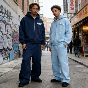 Custom High Quality Unisex 100% Cotton Embroidery Digital Breathable Zip-Up Hoodie Flared Sweatpants Heavyweight 2-Piece <b>Set</b> - Product Image 2