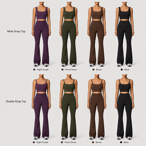 Women Yoga Outfit 2 Piece Quick Dry Crop Top Tummy Control <b>Flared</b> <b>Leggings</b> with Pockets Gym Activewear Set - Product Image 5