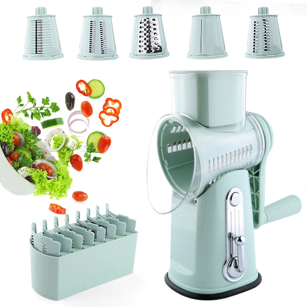 Multifunctional Kitchen Vegetable Cutter Rotary Cheese Slicer Cutter 5 Blades Vegetable Cutter With Container Box