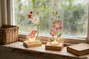 Colored Handmade Fused Rectangle Glass Flower <b>Ornament</b> Wooden Base-Home Decor Craft 7*19cm for <b>Easter</b> Christmas New Year - Product Image 6
