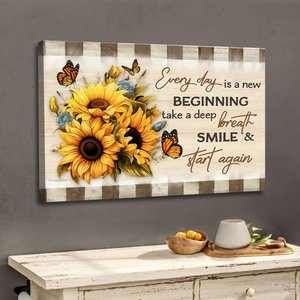 Ogni giorno è un nuovo inizio - Quadro da parete con farfalle e girasoli - Stampe su tela personalizzate per decorazioni domestiche ispiratrici - Product Image 1