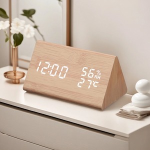 Wooden Digital Alarm Clock LED Display Temperature Humidity Voice Control Silent <b>Desk</b> Table Clock for Bedroom Office - Product Image 3