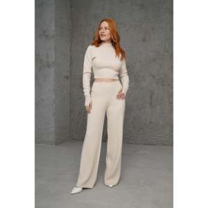 Luna Knit <b>Crop</b> <b>Sweater</b> Set Women's Spandex Cotton Anti-Pilling Straight Cut Pants <b>White</b> - Product Image 3