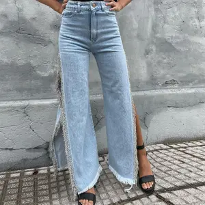 Celana Denim wanita, celana Denim panjang seksi, celana Denim panjang, sambungan, Jeans rantai, pinggang tinggi, 2023