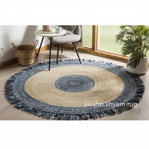 Tapis tressés modernes à franges en jute et denim fabriqués à la machine-Design rond écologique antidérapant et résistant aux taches - Product Image 3