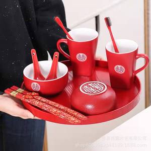 Red Wooden Serving <b>Tray</b> Round Solid Color For Wedding <b>Tea</b> Coffee Party Use - Product Image 5