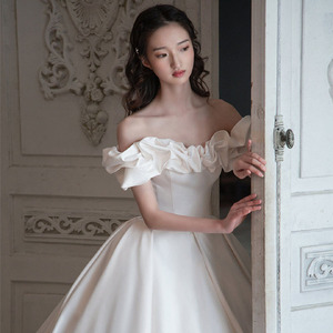 Satin Wedding Dress Off The Shoulder Princess Ball Gown Sweetheart Neckline Simple Elegant Forest Style Train For Brides - Product Image 1