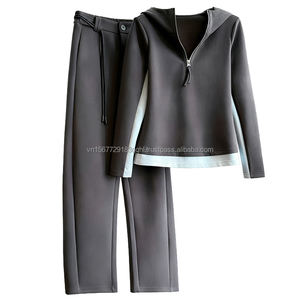 Casual Sports Set Women Autumn New Color <b>Block</b> Splicing Hooded Half Zip Long Sleeve Sweatshirt Straight Pants Two Piece Set - Product Image 1