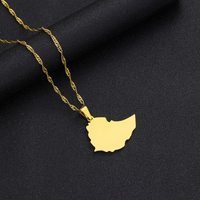 Pendentif Carte de l'Éthiopie en Acier Inoxydable Doré Poli, Collier Tendance avec Contour de la Carte du Pays et Drapeau National, Cadeau Souvenir