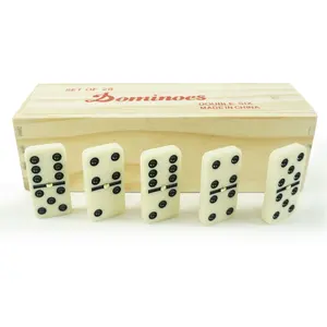 Wholesales Custom Ivory Colored Domino Set 28pcs Double 6 With Golden Spinner In Wood Box For Classic Gambing Game