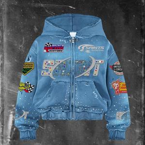 <span class=keywords><strong>Felpa</strong></span> con Cappuccio da <span class=keywords><strong>Uomo</strong></span> con Zip, Stampa Grafica DTG Personalizzata, Patch Ricamato, Strass, 100% Cotone Pesante, Stile Streetwear Lavaggio Acido - Product Image 1