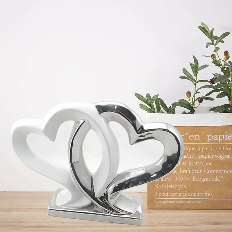 Combinación de decoración de corazón amoroso de cerámica galvanizada plateada y blanca, artículo de decoración del hogar para decoraciones de boda