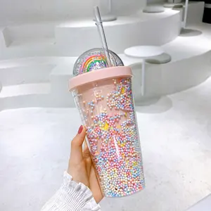 Toptan yeniden milkshake bardak-550ml açık bpa ücretsiz glitter dondurma suyu tumbler çift duvar kızlar kullanımlık seyahat plastik milkshake bardak payet ile