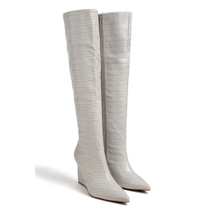 Stone Print Leather Wedge High Heel <b>Boots</b> Handmade Custom Women Shoes Winter Pointy Toe Side Zip Knee High <b>Boots</b> Size 43 - Product Image 4