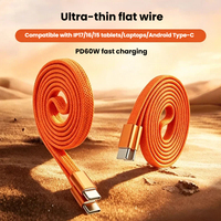 Kabel USB C ke C OEM 60W PD Pengisian Cepat, Jalinan Nilon Pipih, Anti Kusut, untuk iPhone, Samsung, Tablet, Grosir