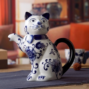 Tetera de té de cerámica con diseño de gato de la suerte, decoración clásica china para el hogar, color azul y blanco, Original - Product Image 2