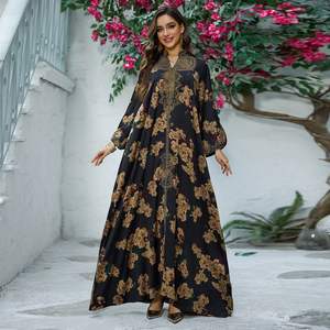 Abaya élégante pour femmes musulmanes, col en V, satin brodé, perles, style décontracté, Jalabiyat Gulf Bindalli, robe de soirée à manches longues - Product Image 3