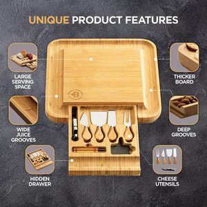Tabla de Quesos de Bambú y Juego de Cuchillos, Tabla de Cortar Grande de Bambú para <span class=keywords><strong>Delicatessen</strong></span> y Embutidos, <span class=keywords><strong>Regalo</strong></span> Ideal para Inauguración de Casa - Product Image 3