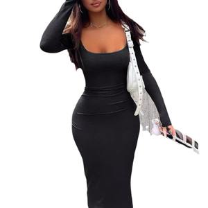 Abito Lungo da <span class=keywords><strong>Donna</strong></span> Comodo ed Elegante per Primavera Autunno con Scollo Quadrato e Maniche Lunghe Vestito Aderente Maxi da Festa e Club - Product Image 6