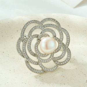 Camellia Brooch Freshwater Pearl Zircon Inlay Copper Alloy Women's <b>Wedding</b> Fashion <b>Accessory</b> - Product Image 1