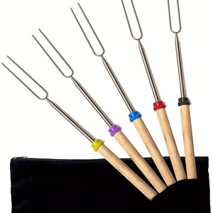 4 Pack Wooden Handle Stainless Steel BBQ Roasting Forks Reusable <b>Extendable</b> Barbecue Skewers For Grilling Meat Marshmallow - Product Image 1