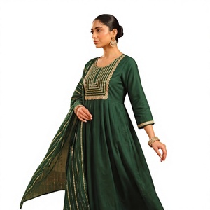 <b>Women</b> Traditional Green Embroidered <b>Kurta</b> Set With Dupatta Loose Fit Floor Length Cotton Ethnic Wear India Pakistan Style - Product Image 1