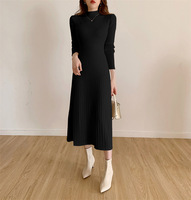 Robe pull midi côtelée pour femme, col montant, manches longues, coupe ajustée, style A-line, élégante, automne-hiver, couche de base 2026